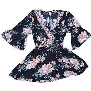 Billabong Australia Floral Kimono Faux Wrap Mini Dress Swim Cover Black Pink M